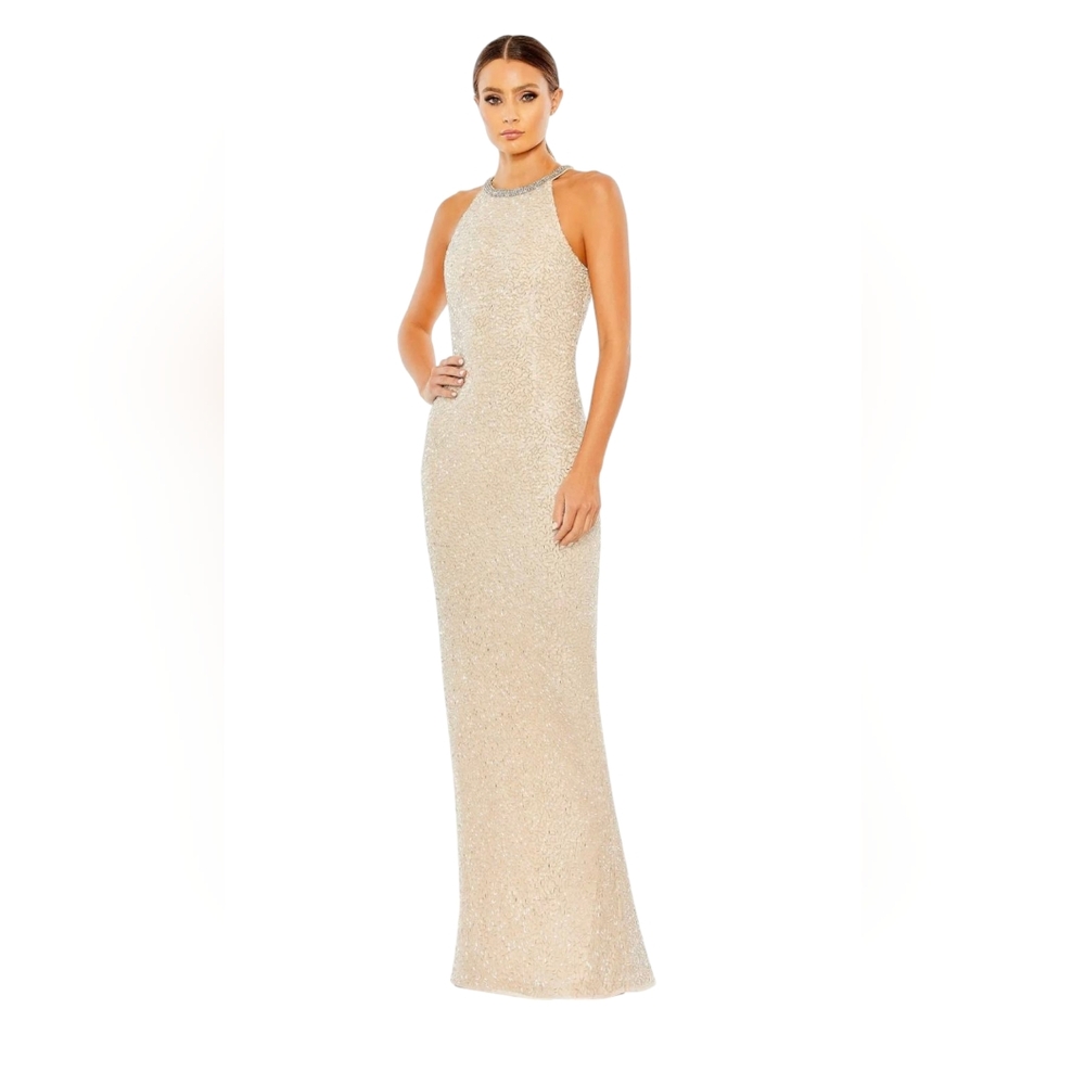 Mac Duggal 93742 Flawed Beaded Sleeveless High Neck Gown Nude Silver